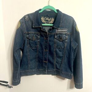 Ethyl vintage denim jacket with patches size large upcycled Indie